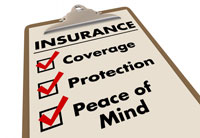 Clipboard with a list of Insurance items: Coverage, Protection, Peace of Mind