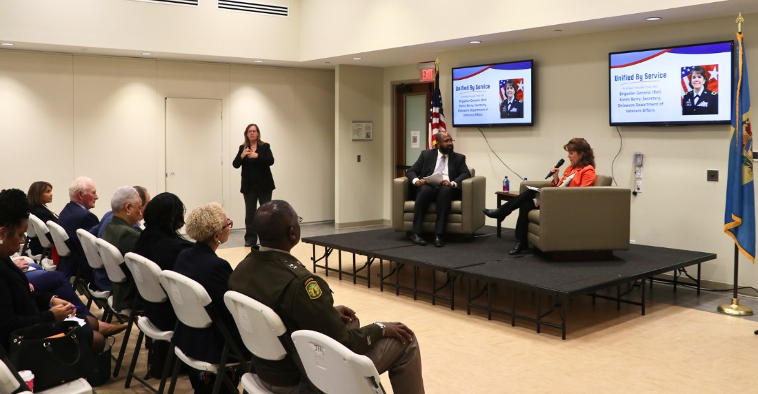 Audience members watching the Fireside Chat with Brigadier General (Ret.) Karen Berry, Secretary of the Delaware Department of Veterans Affairs and Richard Potter, Director of People and Culture