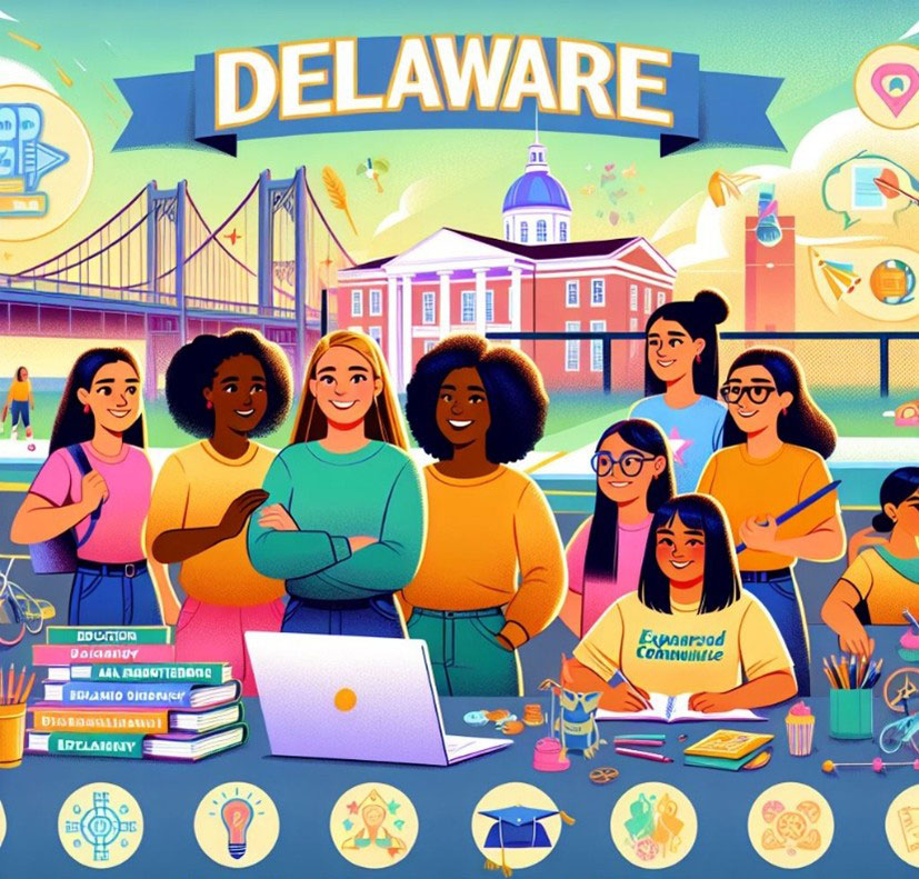 Cartoon depicting a group of girls learning about Delaware history.
