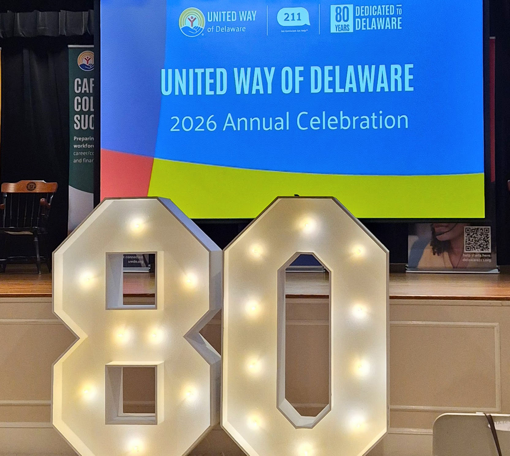 A large 80 lighted sign and behind it on a large video screen is the United Way of Delaware 2026 Annual Celebration imagery.